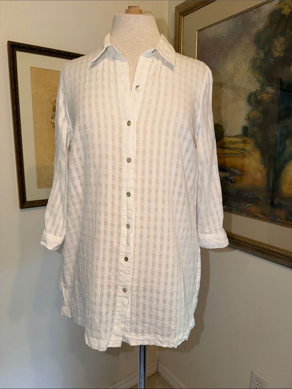 Peck & Peck White Textured Button-Down Tunic Shirt Size Small